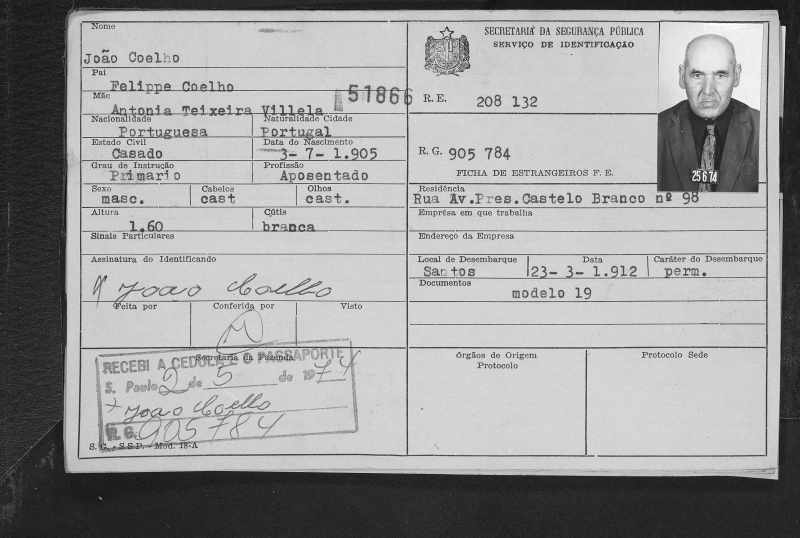 Documento de Imigração de seu avô João Coelho de Portugal para o Brasil em 23 de Março de 1912